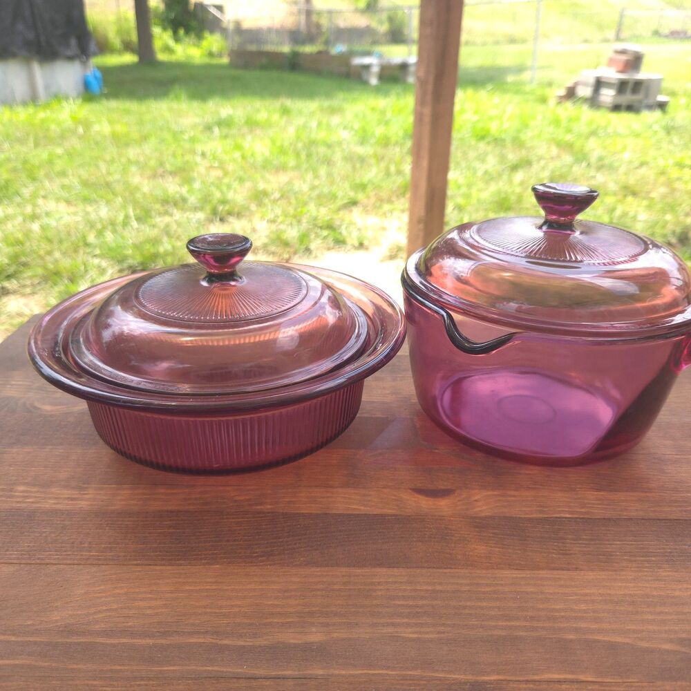Vintage Corning Visions Cranberry Saucepan & 24 oz Casserole Set w/ Lids USA